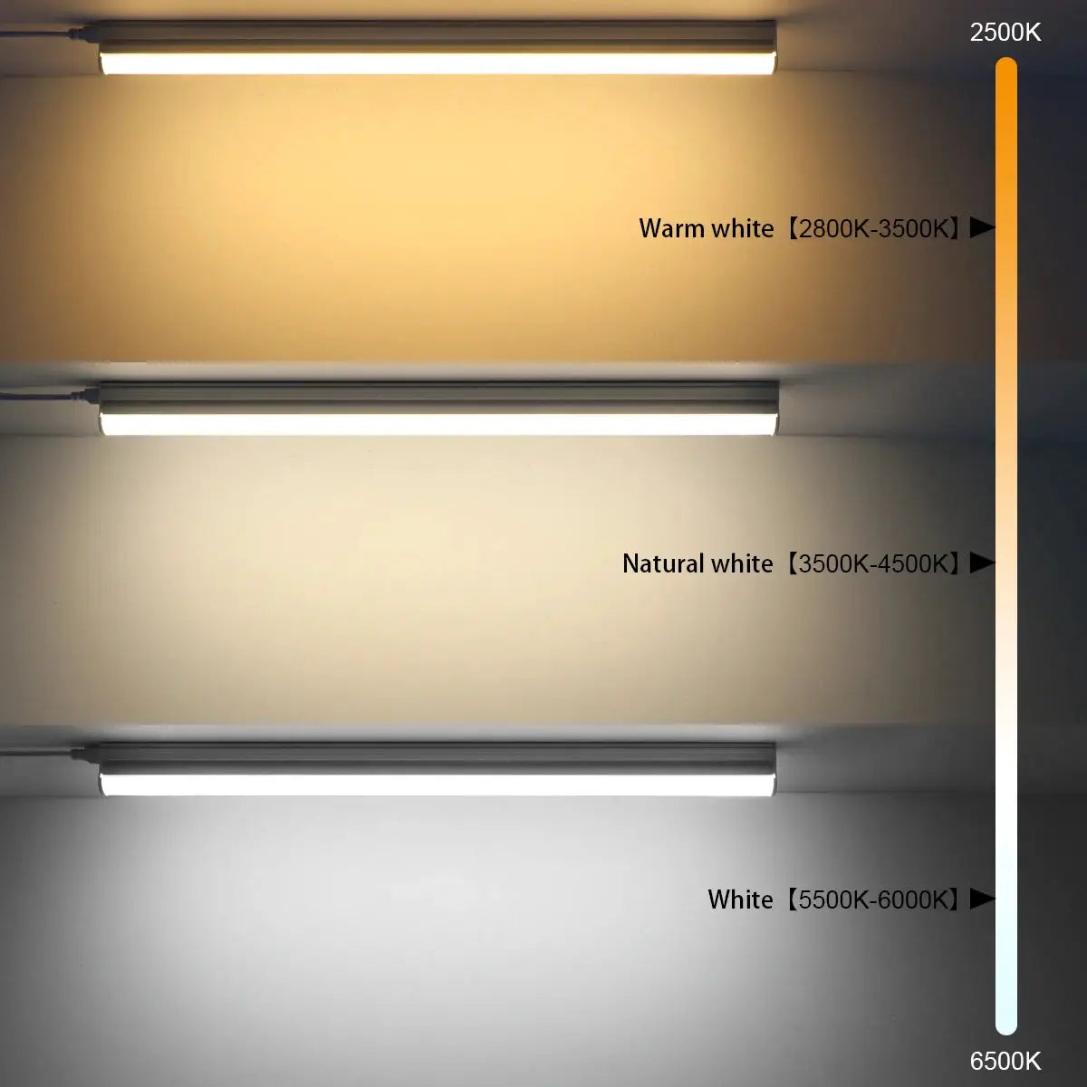 Three 50cm LED T5 wall lamps with screws and wall mounting; warm to cool white temps 2500K–6500K