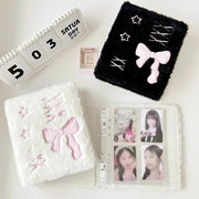 Bow Korea plush A6 photocard binder set of 2 by Simples Market; white and black fuzzy covers with pink bow and photo sleeves