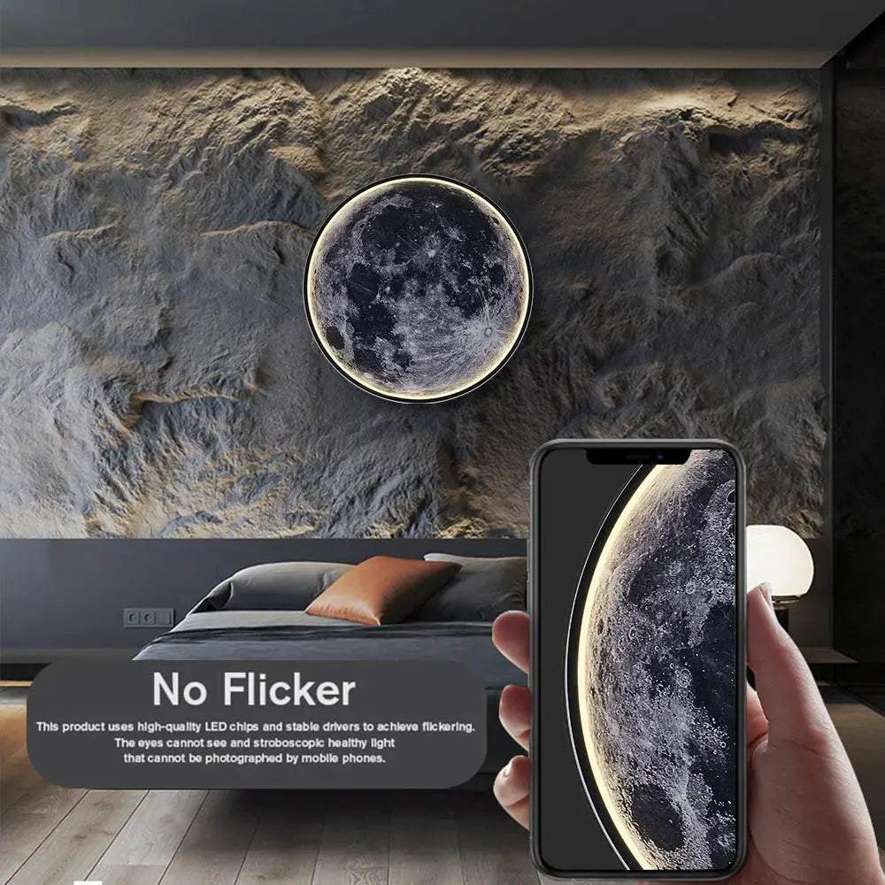 LED Moon Wall Lamp; round moon-shaped wall light with warm glow and remote dimming