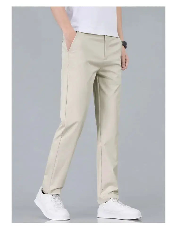 Men's slim-fit beige stretch-cotton casual pants, solid color