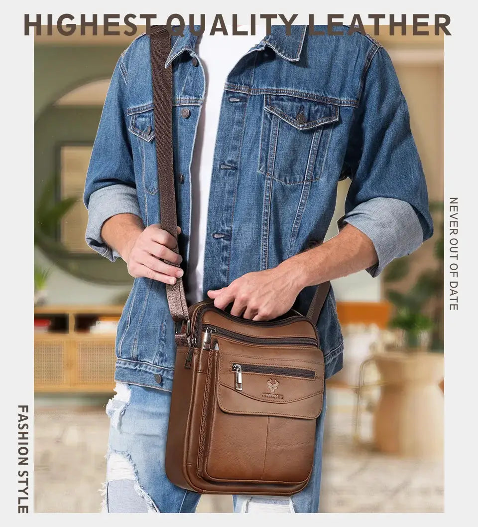 HUMERPAUL genuine leather small messenger bag for men, brown crossbody bag with front pockets