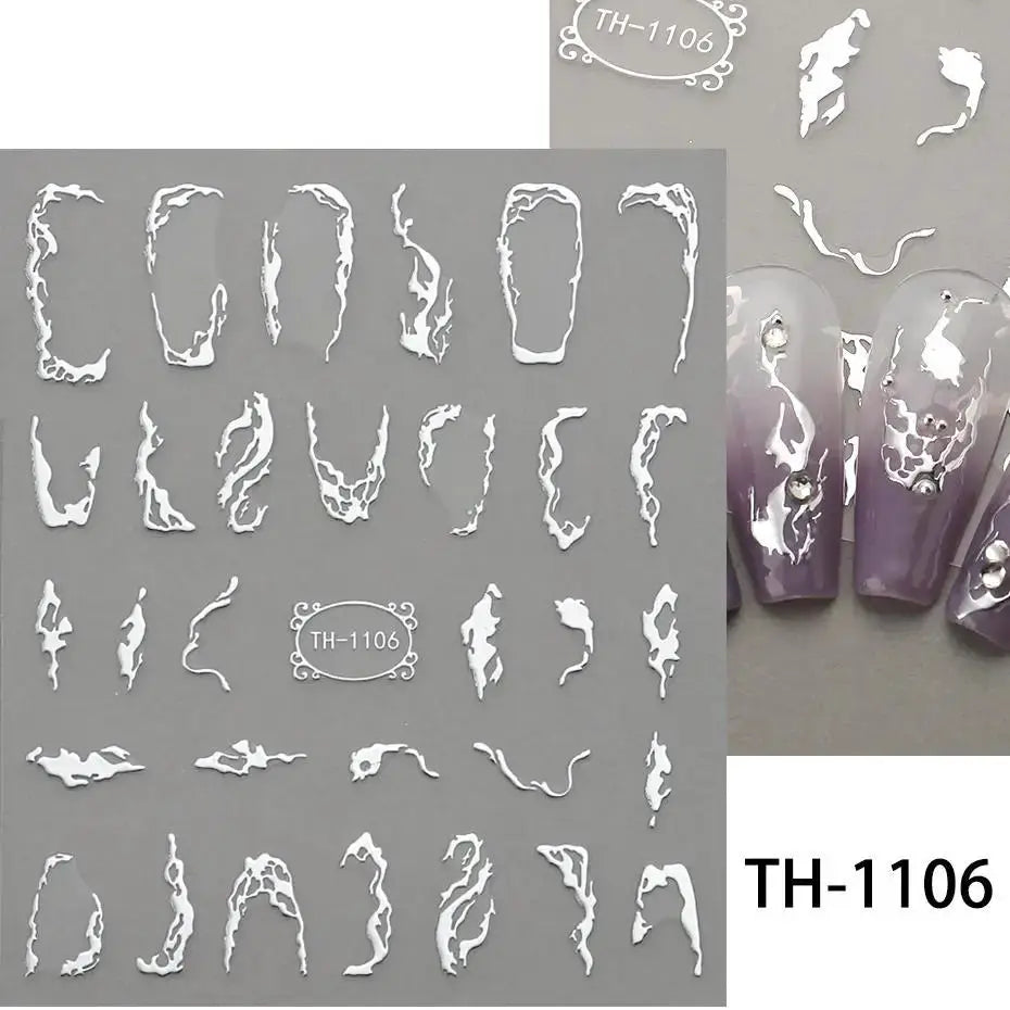 Nail art decals sheet featuring white geometric lines and flower motifs on grey background; Simples Market