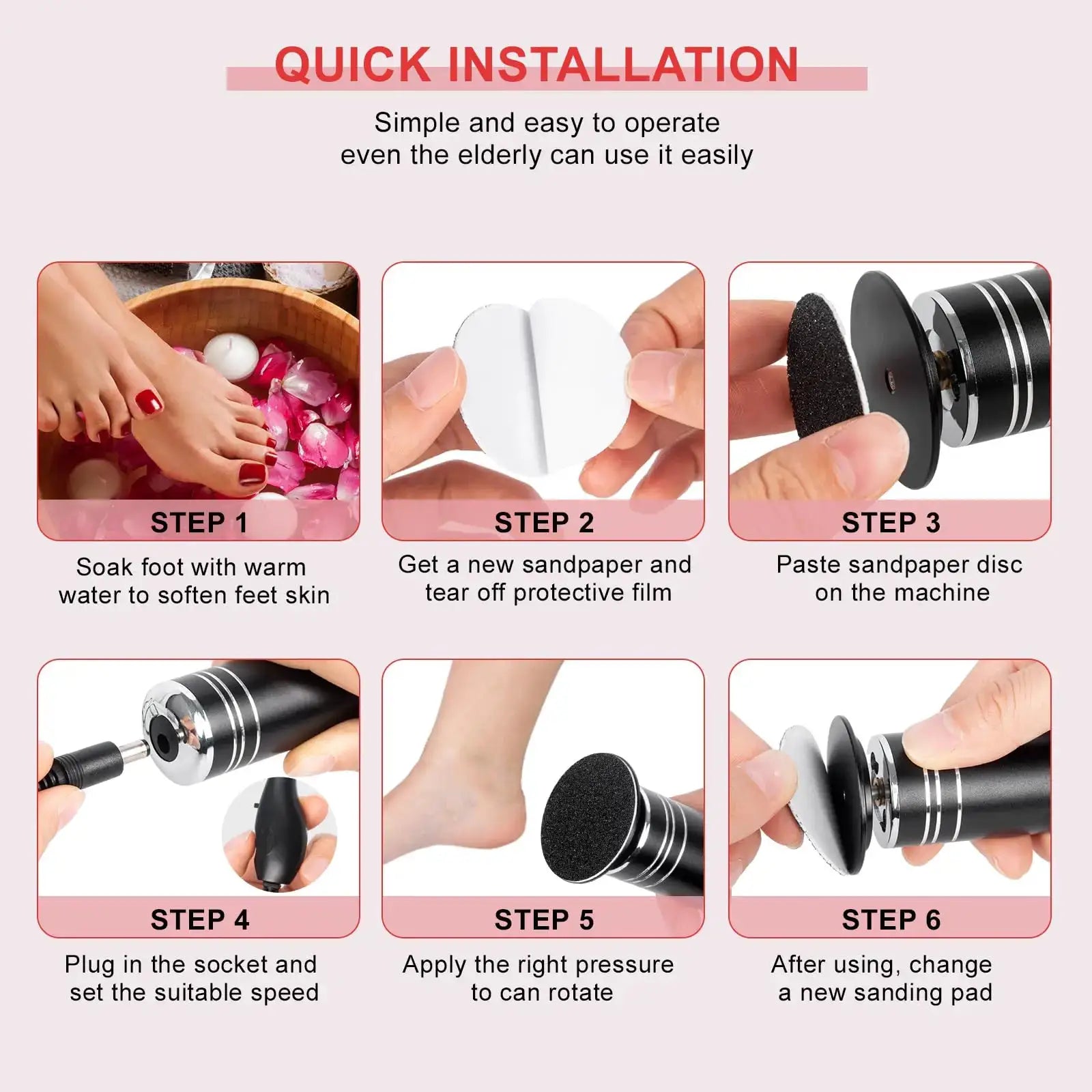 Simples Market black electric foot grinder with 60 replacement sanding discs; quick installation steps infographic