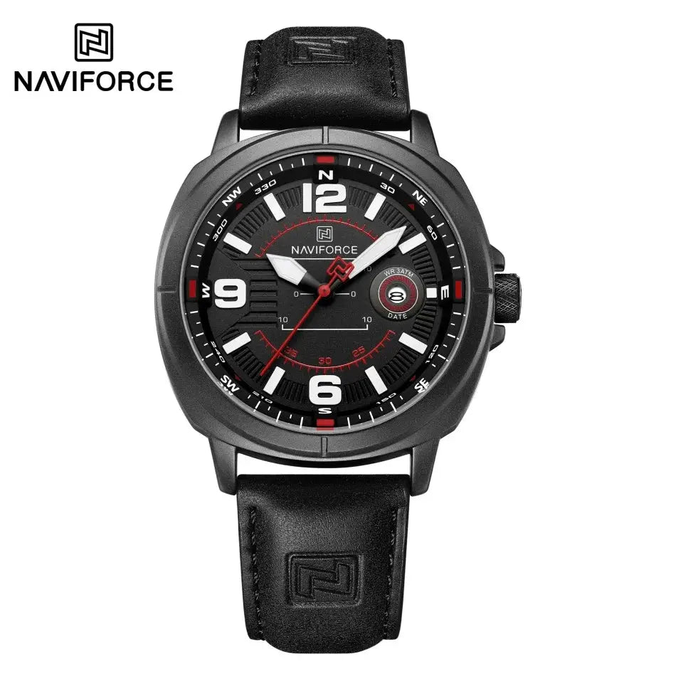 NAVIFORCE men's quartz watch with black dial, red accents, date display, and black PU strap
