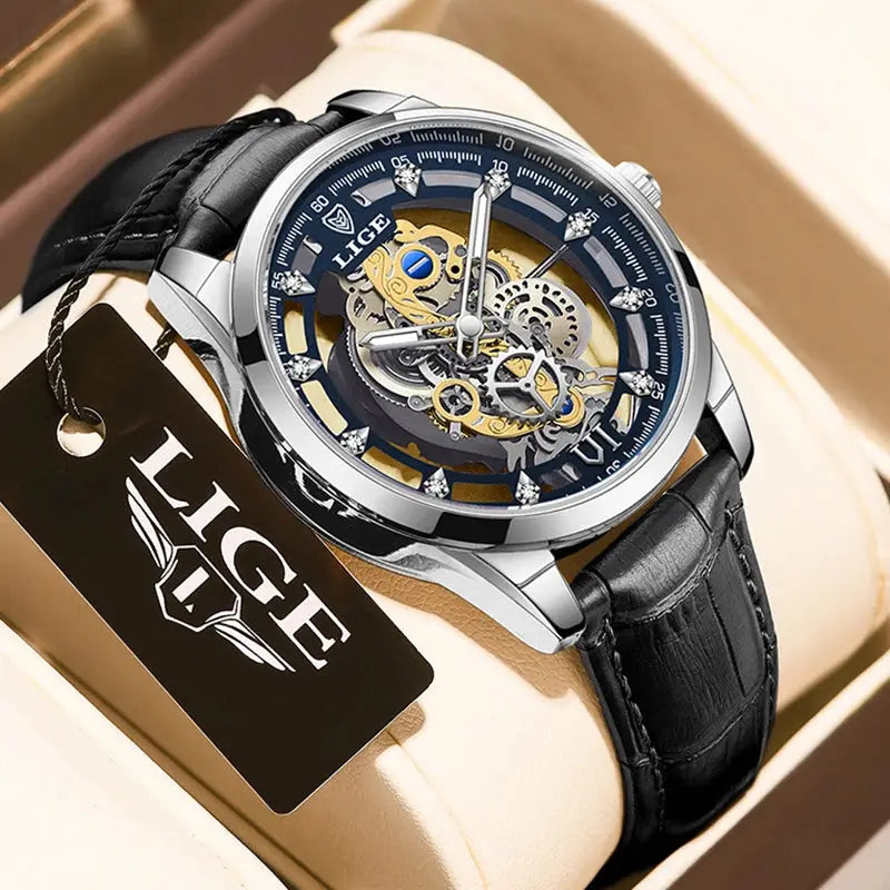 LIGE men's stainless steel skeleton watch with blue dial, gold gears, black leather strap