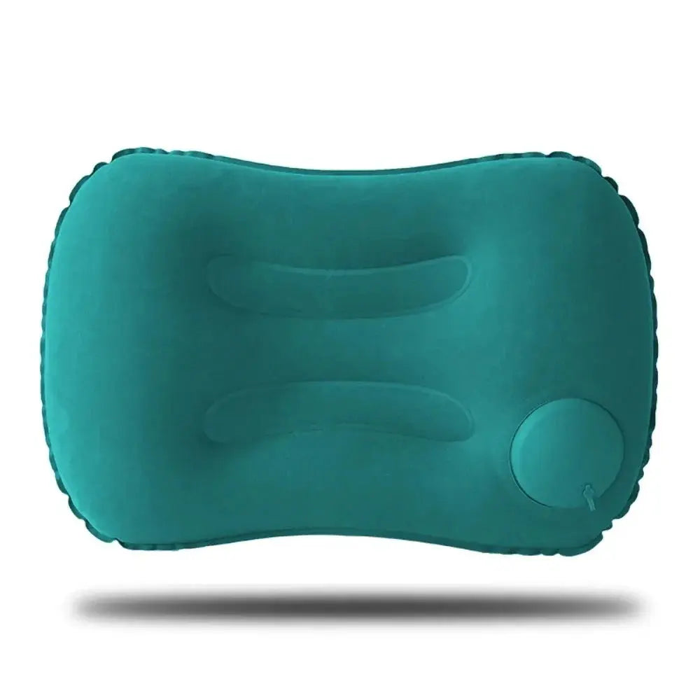 Teal portable inflatable pillow for neck and lumbar support with air valve