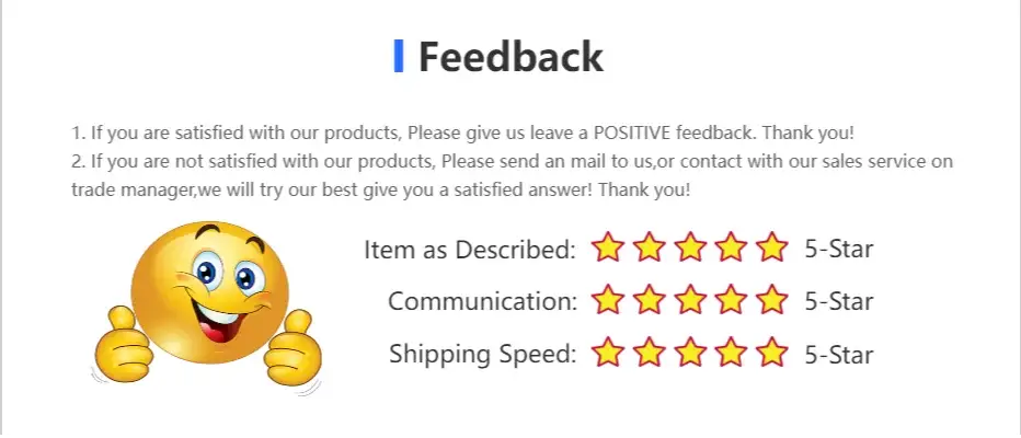 Feedback graphic with a thumbs-up emoji and 5-star ratings for Item as Described, Communication, and Shipping Speed.