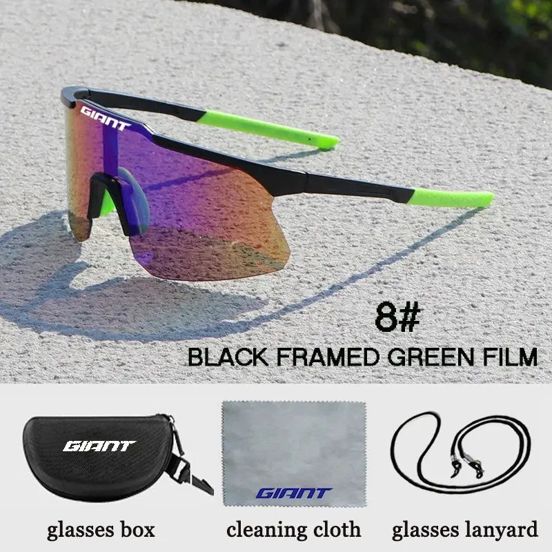 Giant cycling sunglasses with black TR90 frame and neon green temples; lenses; includes case and cleaning cloth.