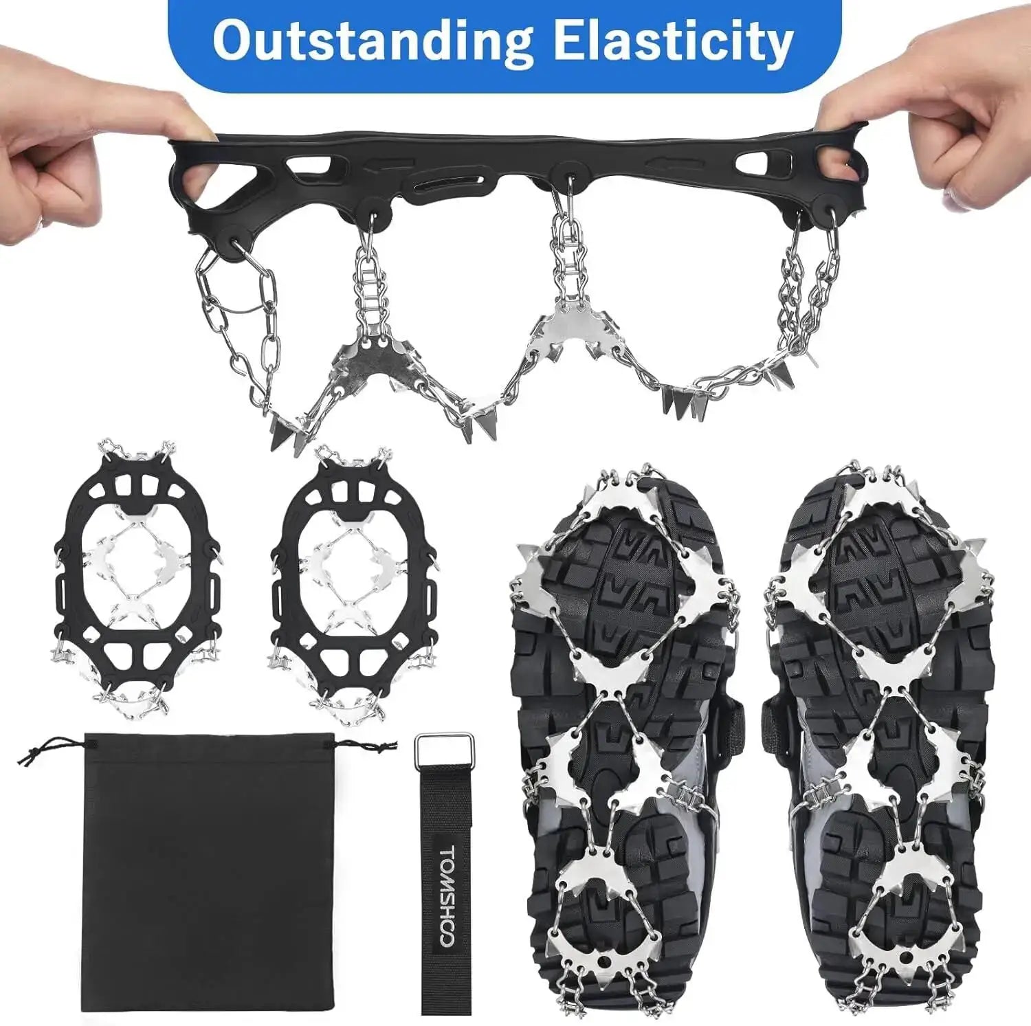 Tomshoo 32-teeth ice gripper spikes for shoes with chain crampons; black, includes carry pouch and straps