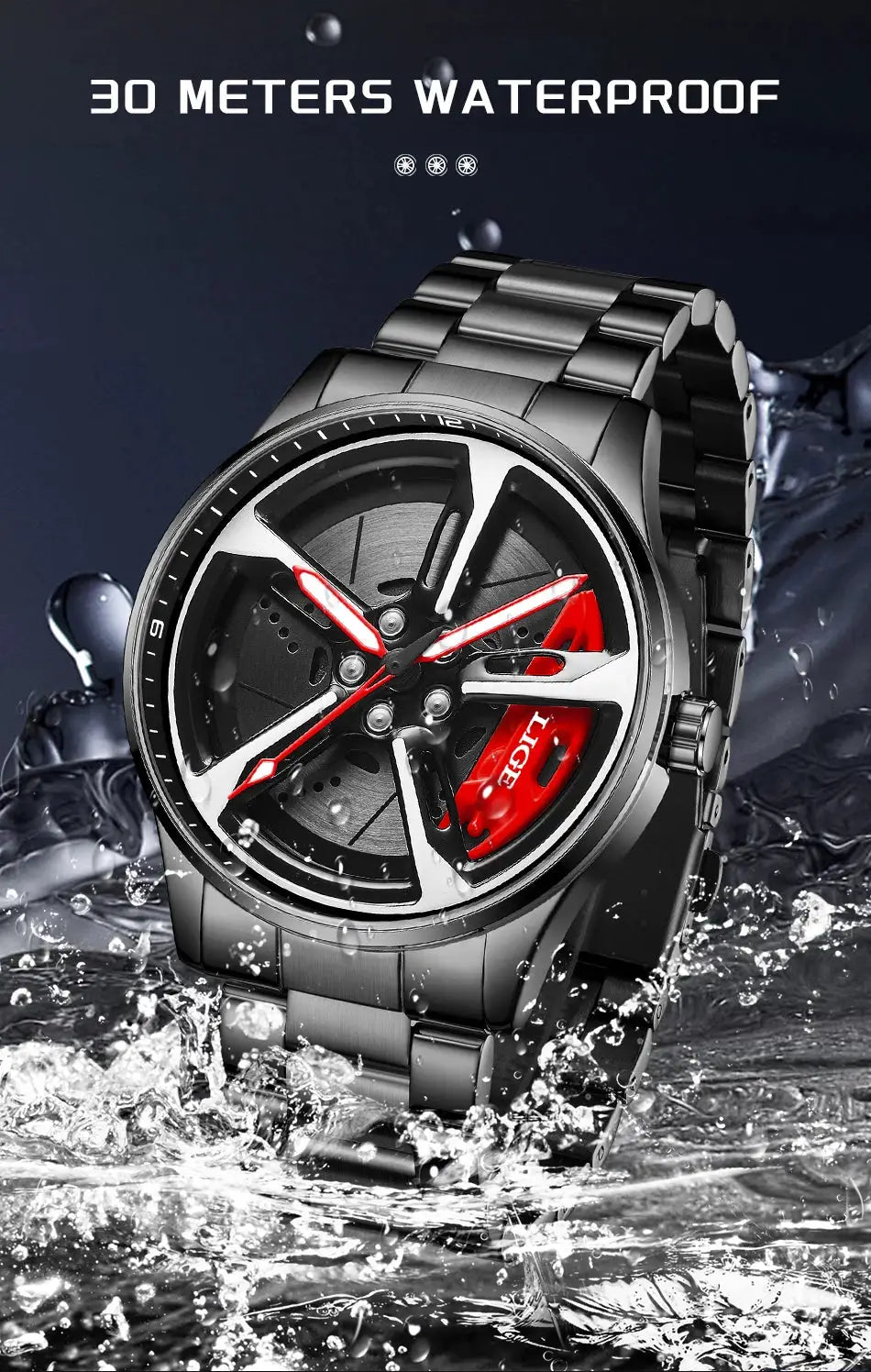 LIGE sport watch with car-wheel rim dial, stainless steel strap, red accents, 30m waterproof