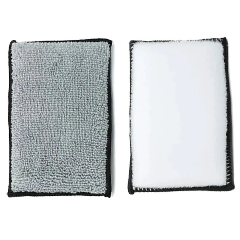 Soft double-sided microfiber scrubbing sponge set; gray microfiber on one side and white sponge on the other, 2 pcs