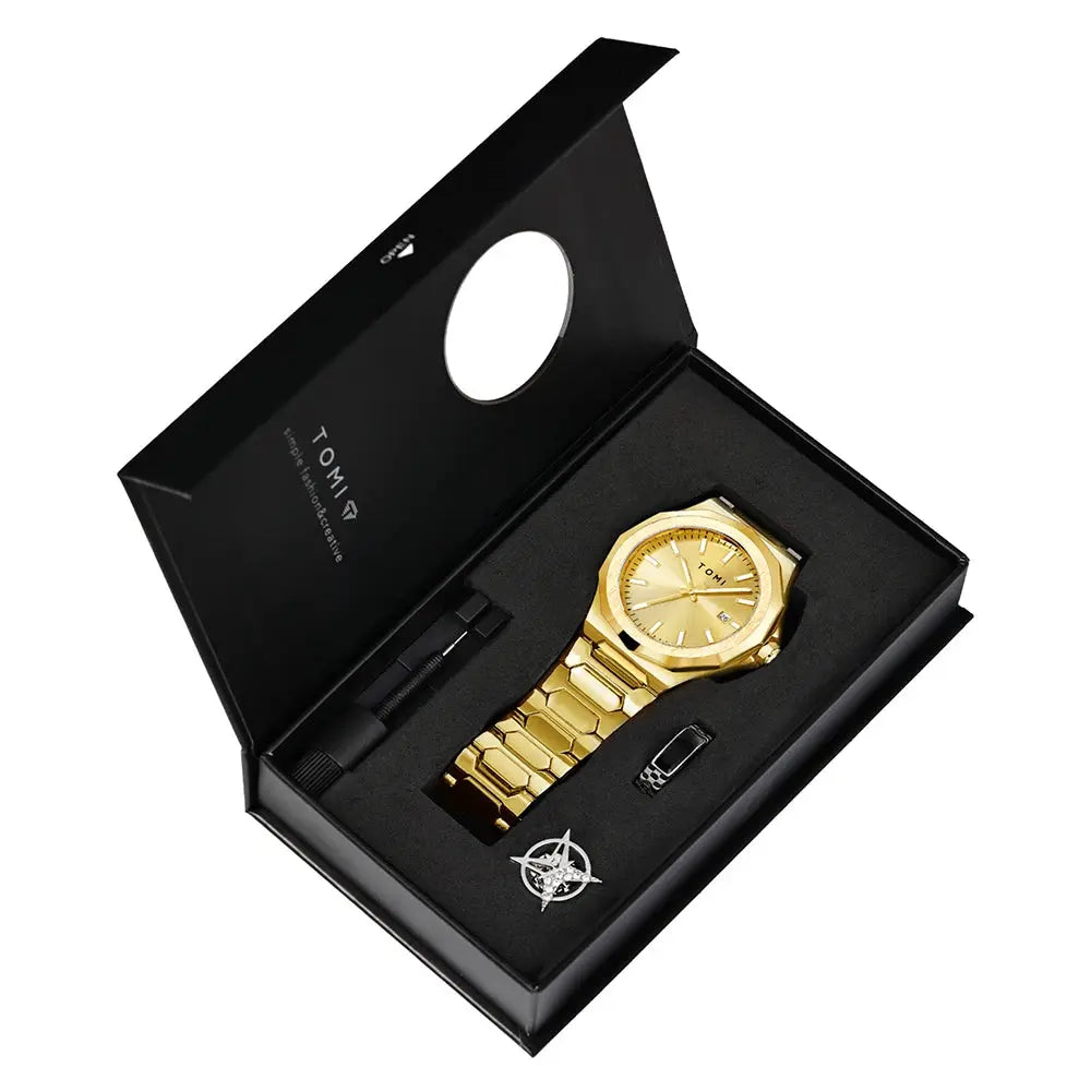 TOMI Luxury Mens Quartz Watch Gift Box Set Rose Gold Case Minimalist Numberless Dial With Calendar Feature