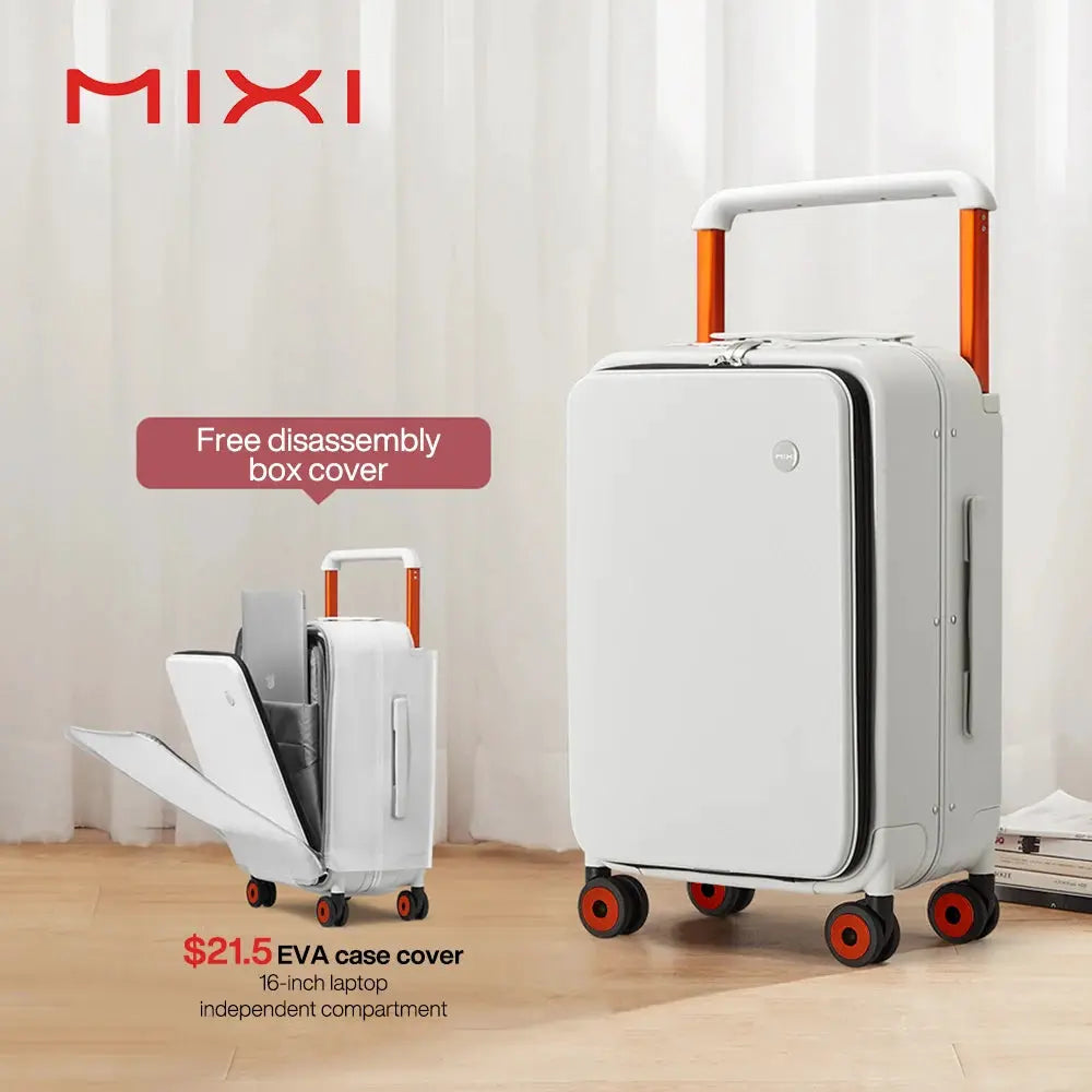 Mixi white 20-inch cabin suitcase with orange wheels; two cases shown.