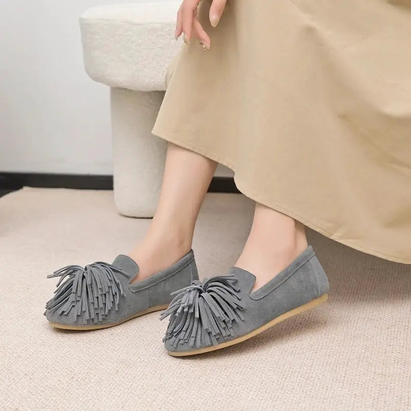 AIYUQI Women Genuine Leather Tassel Loafers Mary Jane Flat Shoes