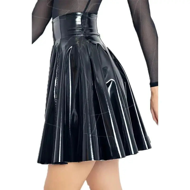 Women's shiny black patent PU pleated mini umbrella skirt, A-line