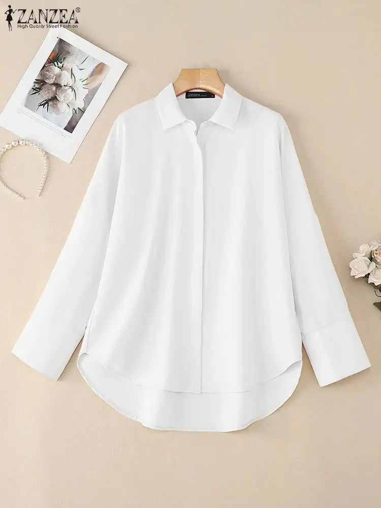ZANZEA oversized white shirt blouse with turn-down collar, long sleeves, high-low hem.