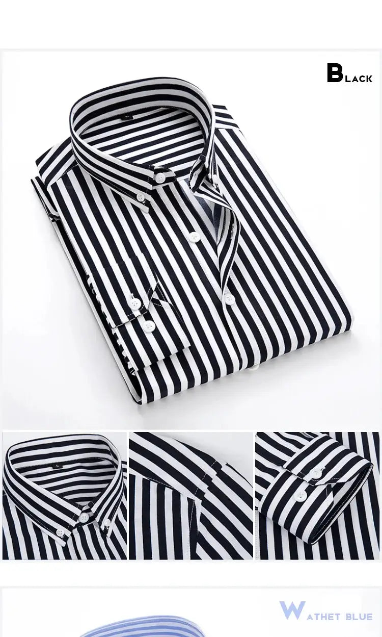 Men's striped button-down shirt, navy and white vertical stripes, long sleeves, folded display, Simples Market