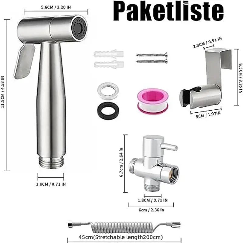 Simples Market stainless steel handheld bidet spray kit with 3-way valve; includes spray gun, hose, wall mount and fittings.
