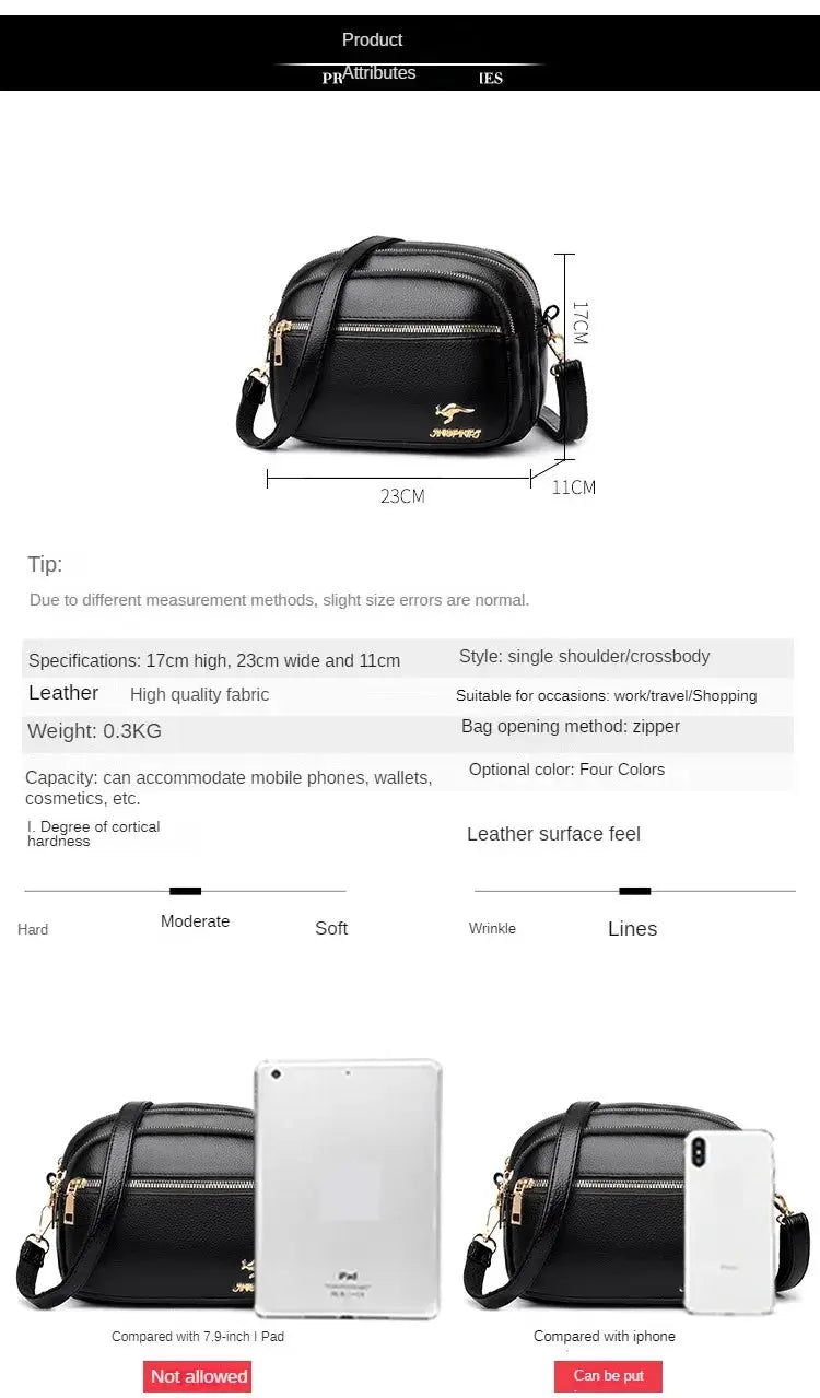 Simples Market black leather crossbody bag with gold-tone hardware and multi-pocket design, 23x17x11 cm