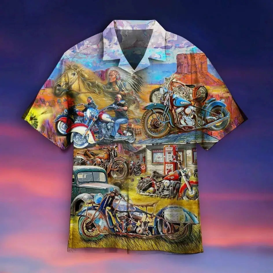Hawaiian casual shirt with colorful motorcycle and western town print, unisex.