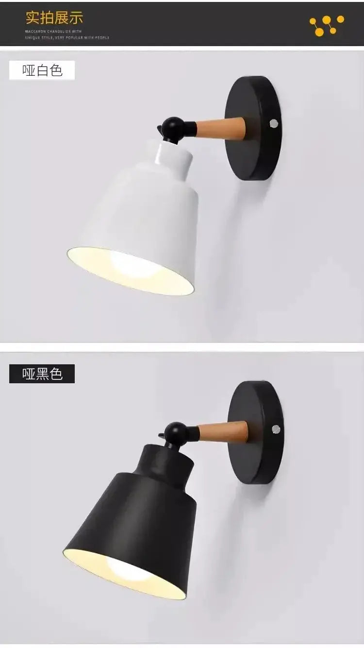 Nordic wooden LED wall lamp by Simples Market; minimalist wall sconce with wood arm and white/black shade (2-pack)