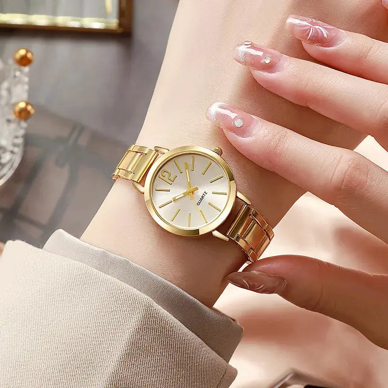 2pc set women's gold wristwatch with simple dial and hollow bracelet