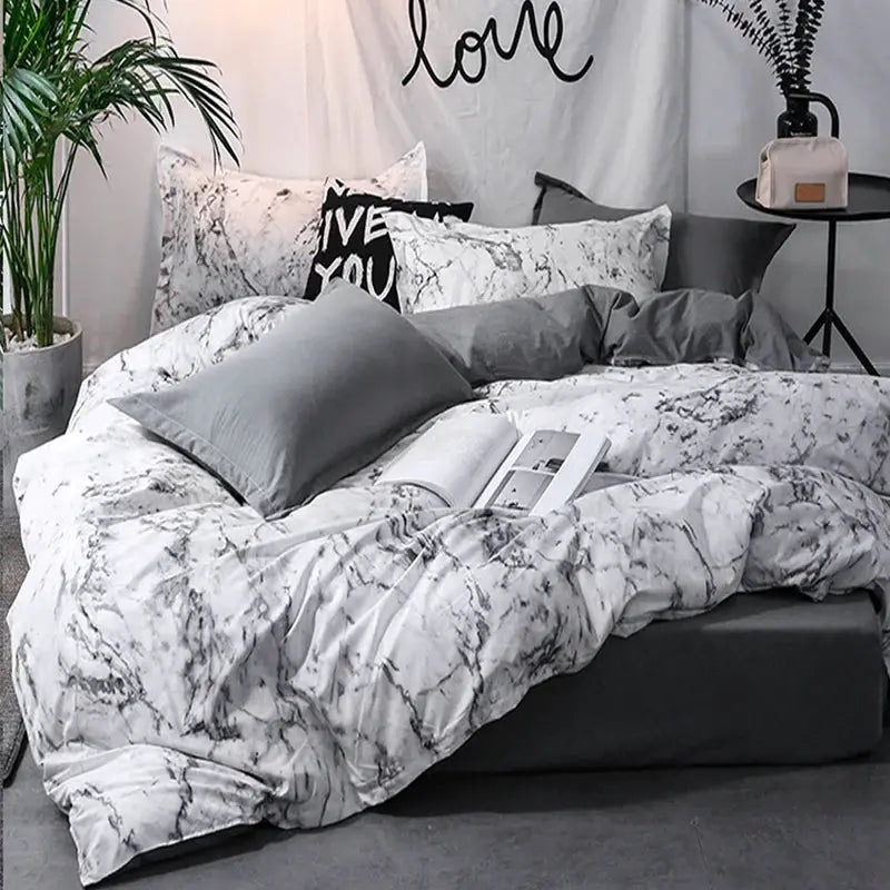 Simples Market 3pc duvet cover set with pillowcases in white marble gray pattern for queen/king bed