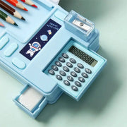 Simples Market blue plastic double-layer pencil case with built-in sharpener and calculator, space/astronaut design.