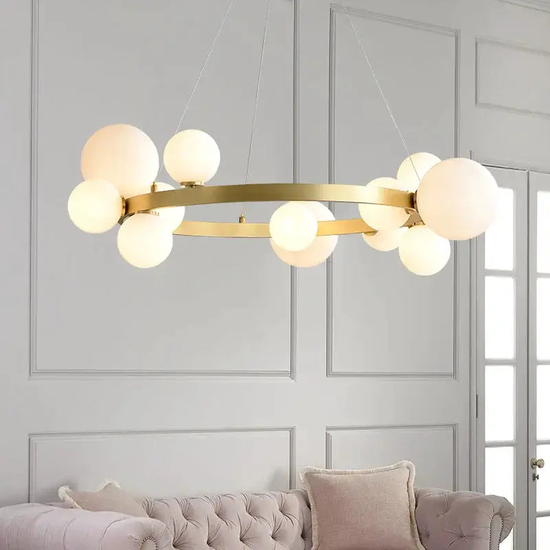 Chandelier Simples Market gold ring fixture with frosted glass globes for indoor living room lighting