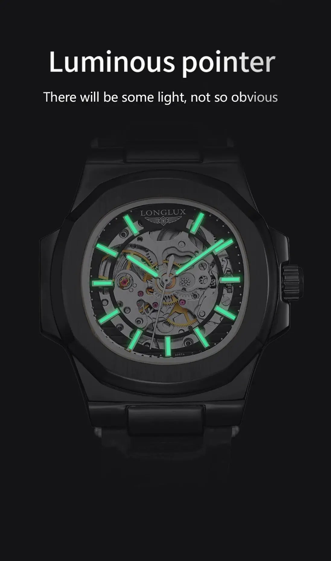 Men's skeleton automatic watch from Simples Market with black case and band, glowing green hands.
