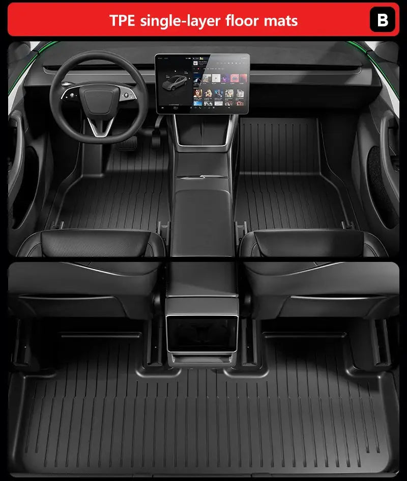 NovaAcc all-weather TPE floor mats for Tesla Model Y and Model 3, black front, rear, and cargo liners