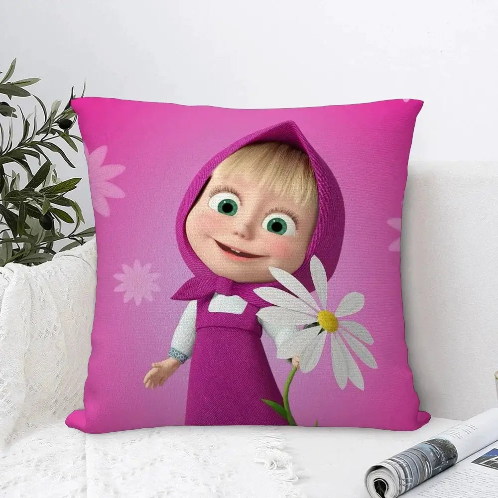 Pillow cover featuring Masha from Masha and the Bear on pink plush fabric, double-sided print