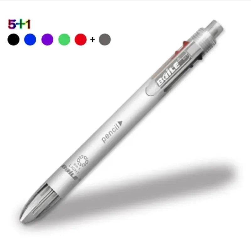 Simples Market 6-in-1 multicolor ballpoint pen with eraser and automatic pencil, silver body