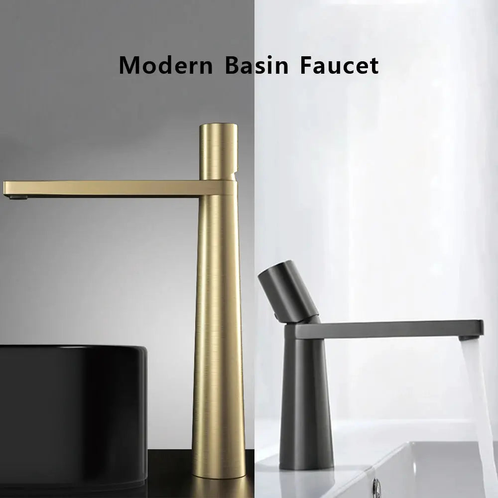 Two modern basin faucets: brushed gold tall mixer and matte gray single-handle water tap.