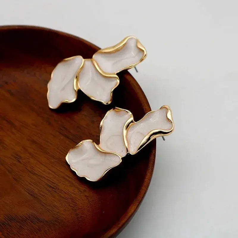 Metal flower cream epoxy stud earrings, gold-plated irregular posts; set of 3.