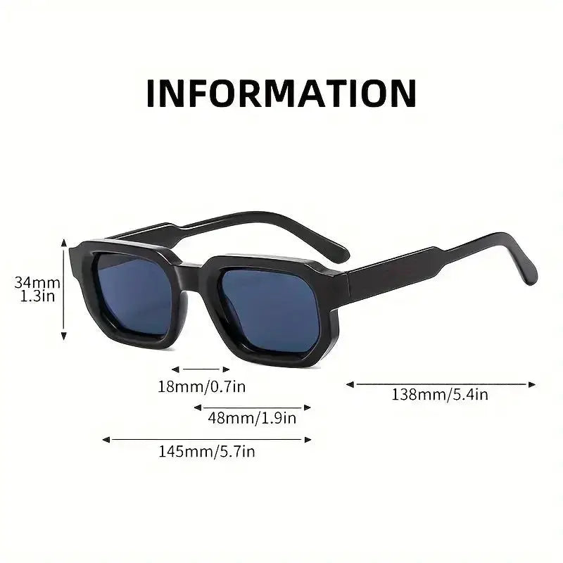 Men's vintage rectangle sunglasses with black frame and blue lenses, UV400 protection.
