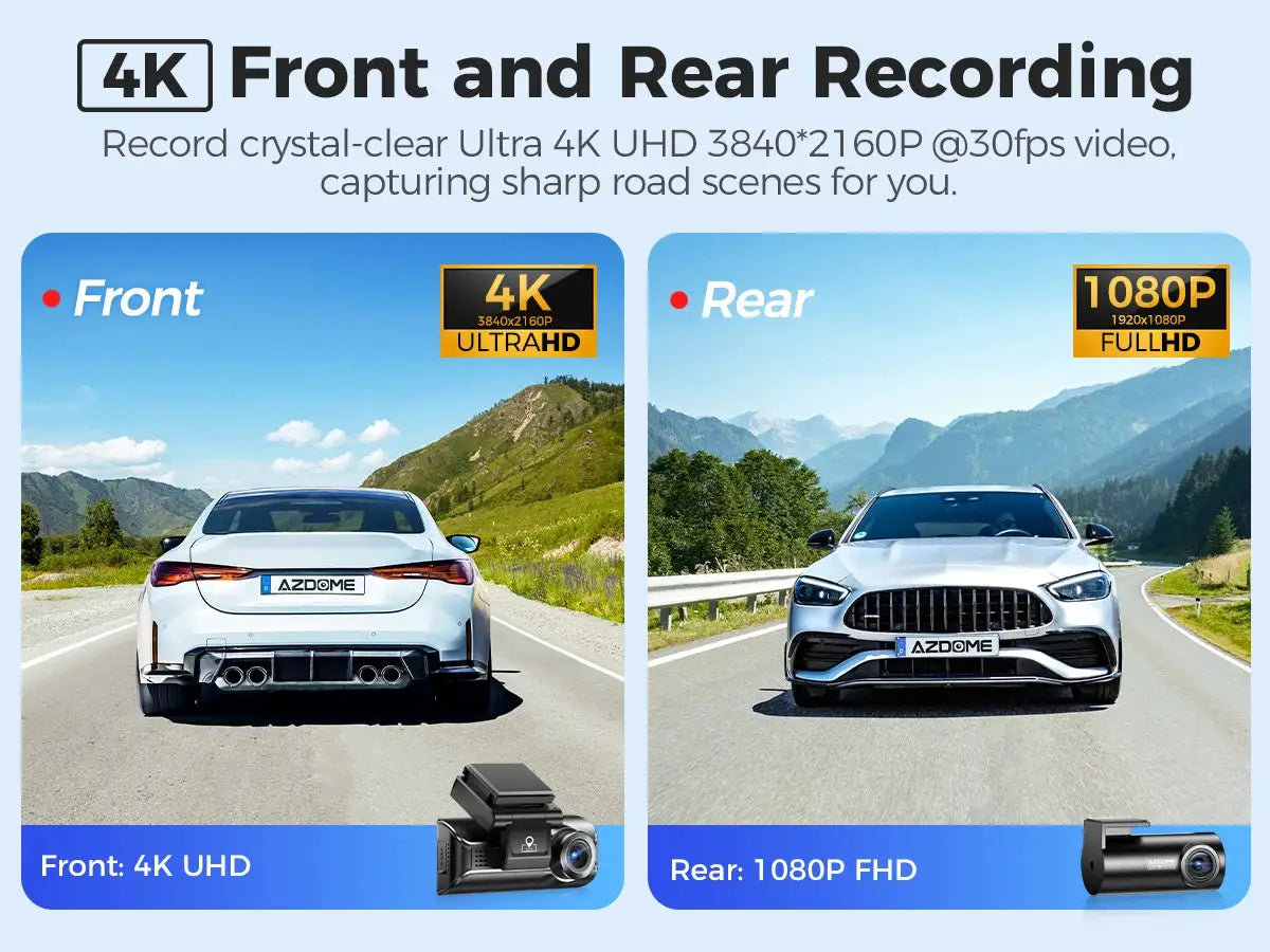 AZDOME M550 Pro dash cam car DVR; two cars show front 4K UHD and rear 1080P FHD recording.