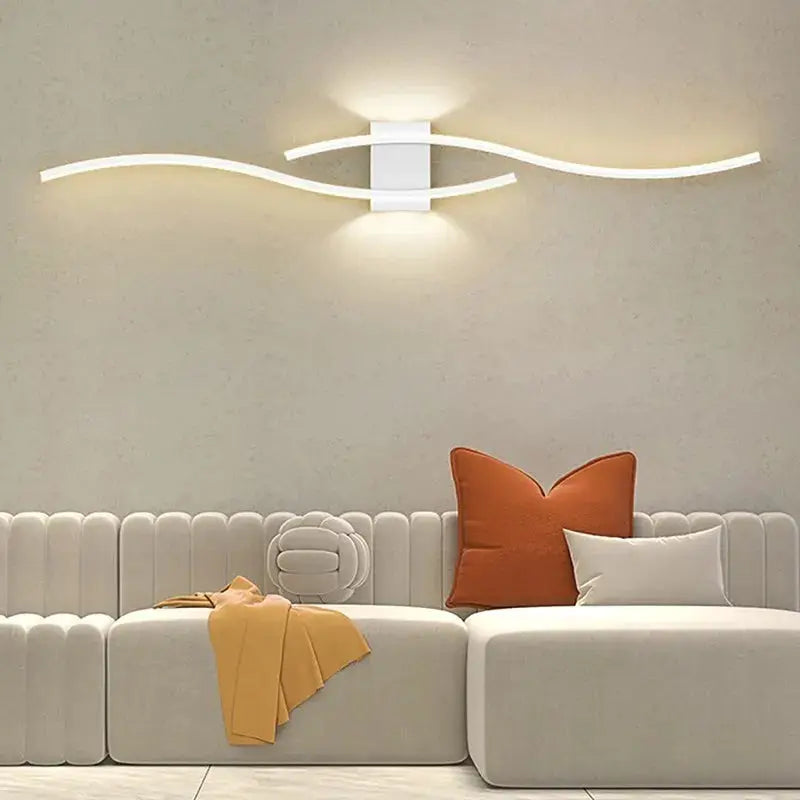 Moder LED wall lamp long strip with two curved white light bars around a central mount for living room or bedroom