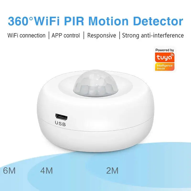 PIR motion detector, white 360° WiFi with USB port, Tuya-powered.