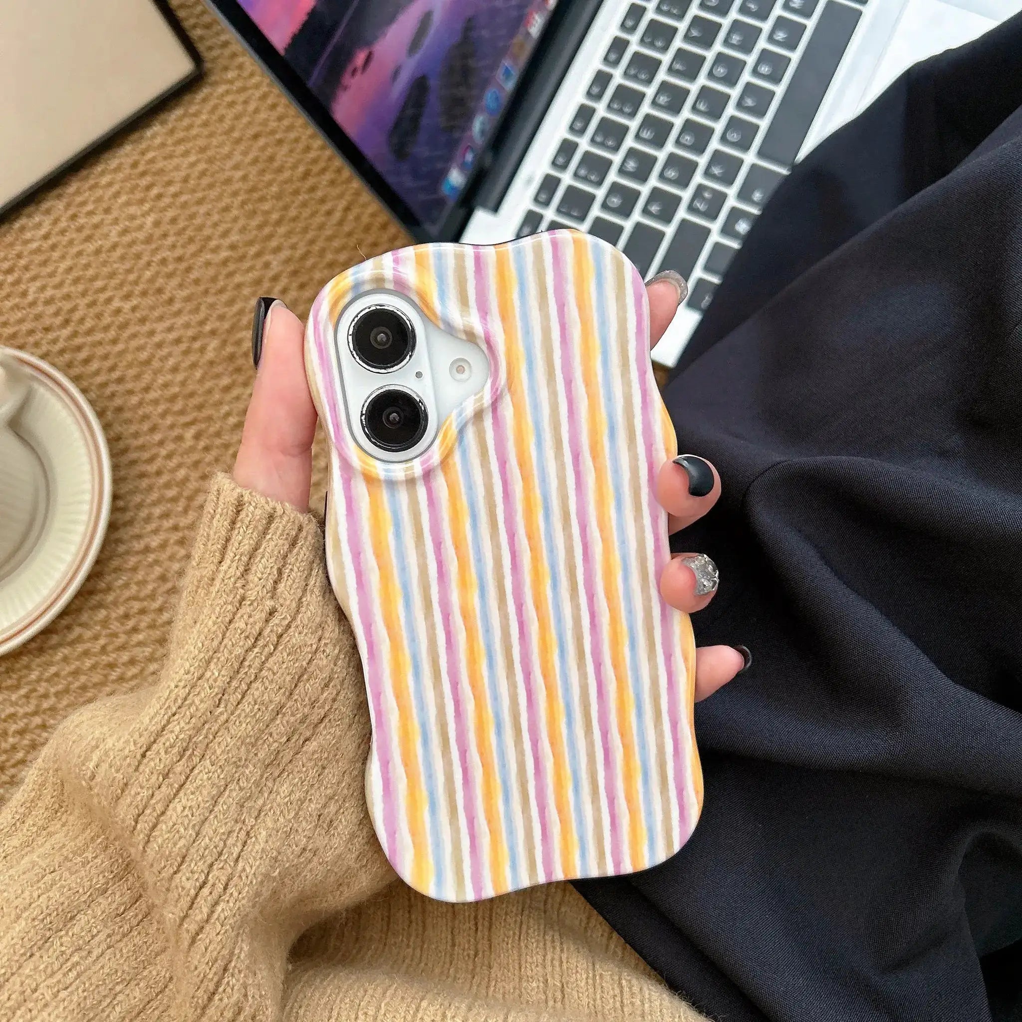 Fashion 2 In 1 Glossy Stripes Phone Case For iPhone 13 14 15 16 Pro Max With Wave Edges And Slim Hard Back Cover