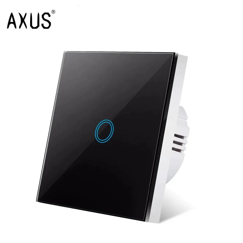 AXUS touch switch on black tempered crystal glass panel with blue LED ring