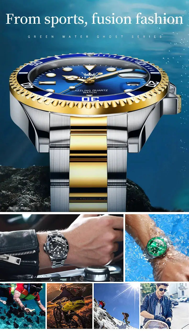 OLEVS 5885 men's watch with two-tone stainless steel strap and blue dial