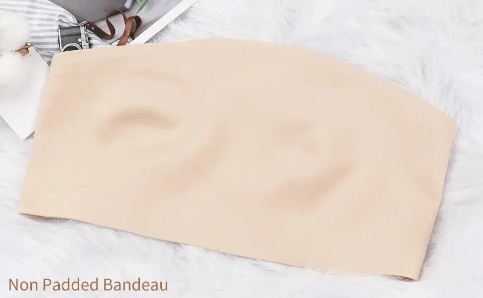 Beige strapless bandeau bra, seamless non-padded tube top for off-the-shoulder outfits