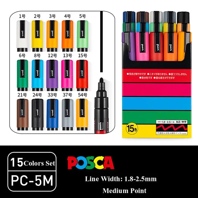 POSCA Uni paint marker set, 15-color PC-1M/PC-3M/PC-5M in original vinyl case