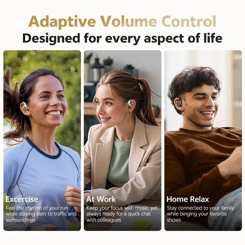 QCY Crossky R70 open-ear wireless headphones by Simples Market; three lifestyle shots showing exercise, work, home.