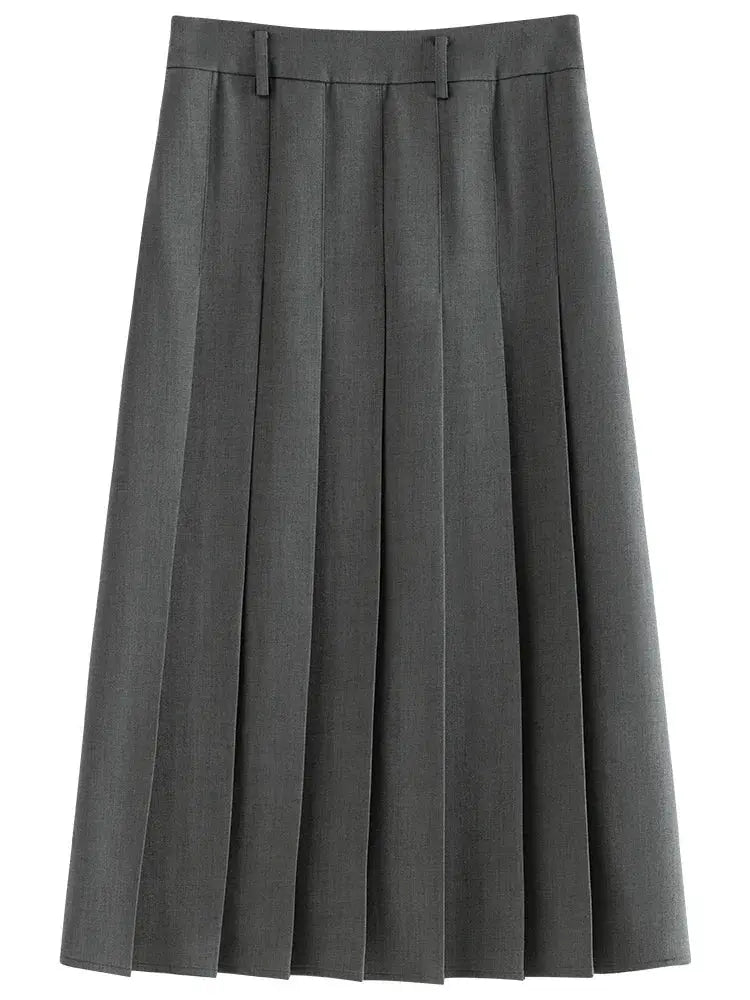Grey pleated long skirt for women with waistband, office wear style by Simples Market