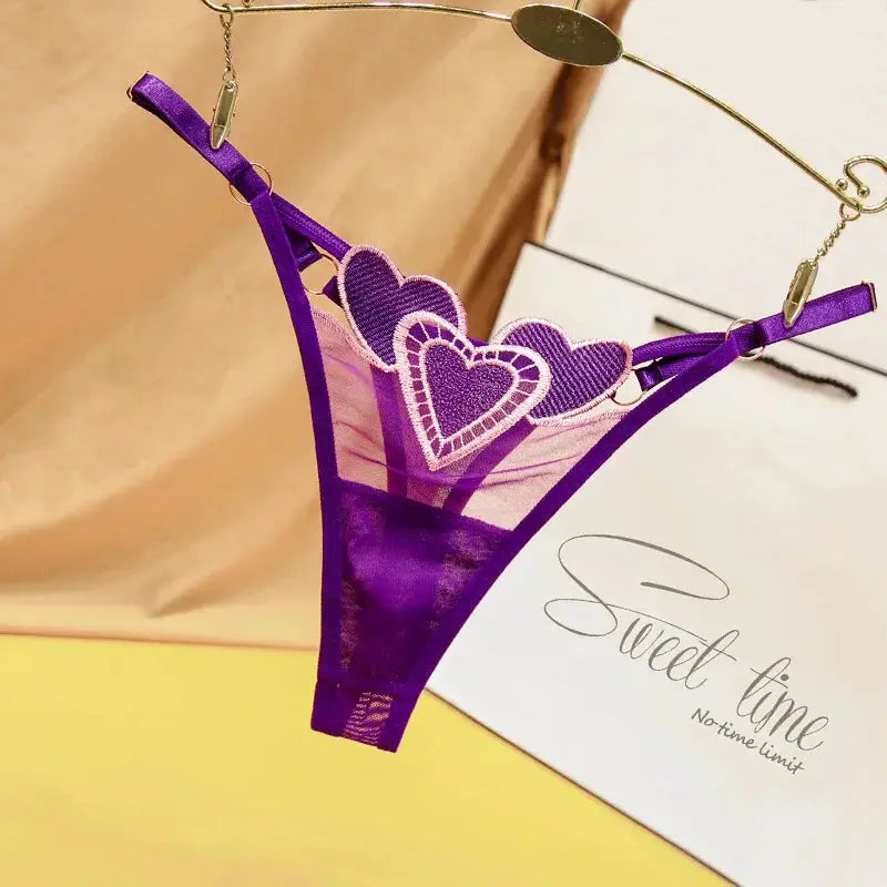 Purple mesh thong with layered heart lace appliques, low-rise breathable underwear