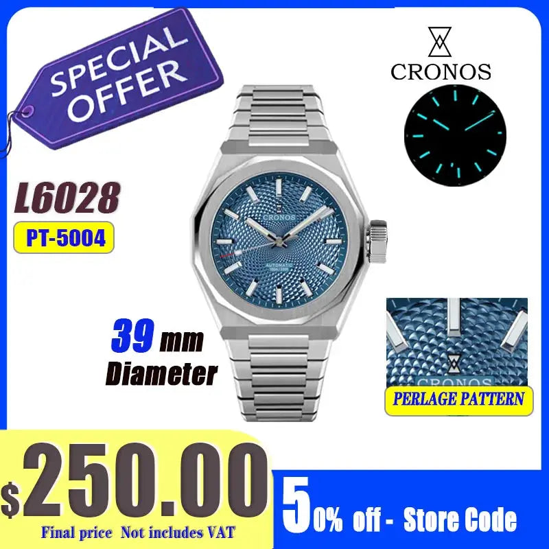 Cronos watch 39mm blue perlage dial stainless steel automatic wristwatch with luminous hands