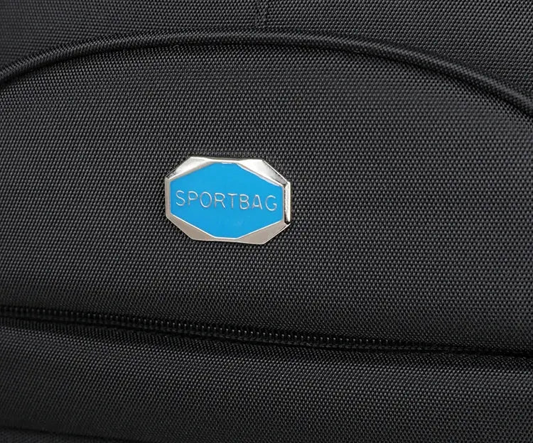 Backpack with SPORTBAG blue badge on black fabric; Simples Market large-capacity travel and school bag