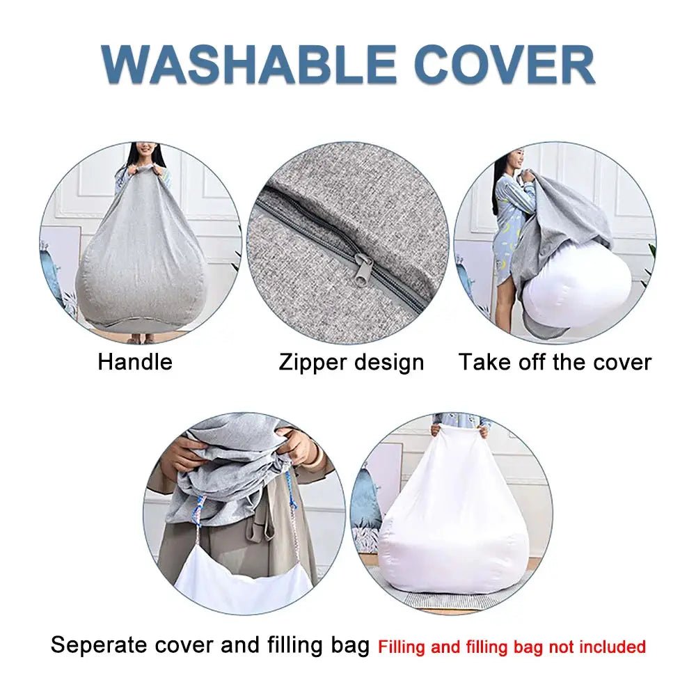 Gray washable lazy sofa bean bag cover with zipper and handle; large size, filler not included.